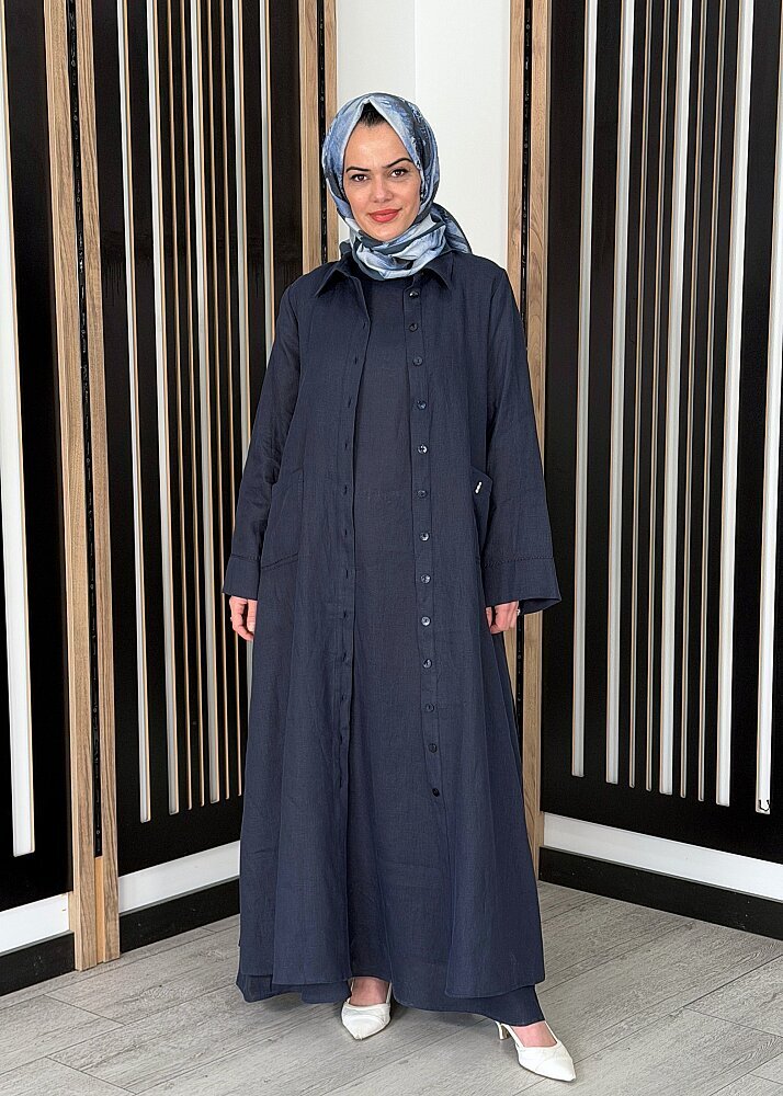 Miss Dalida Kolsuz Düz Renk Keten Elbise Dark Navy