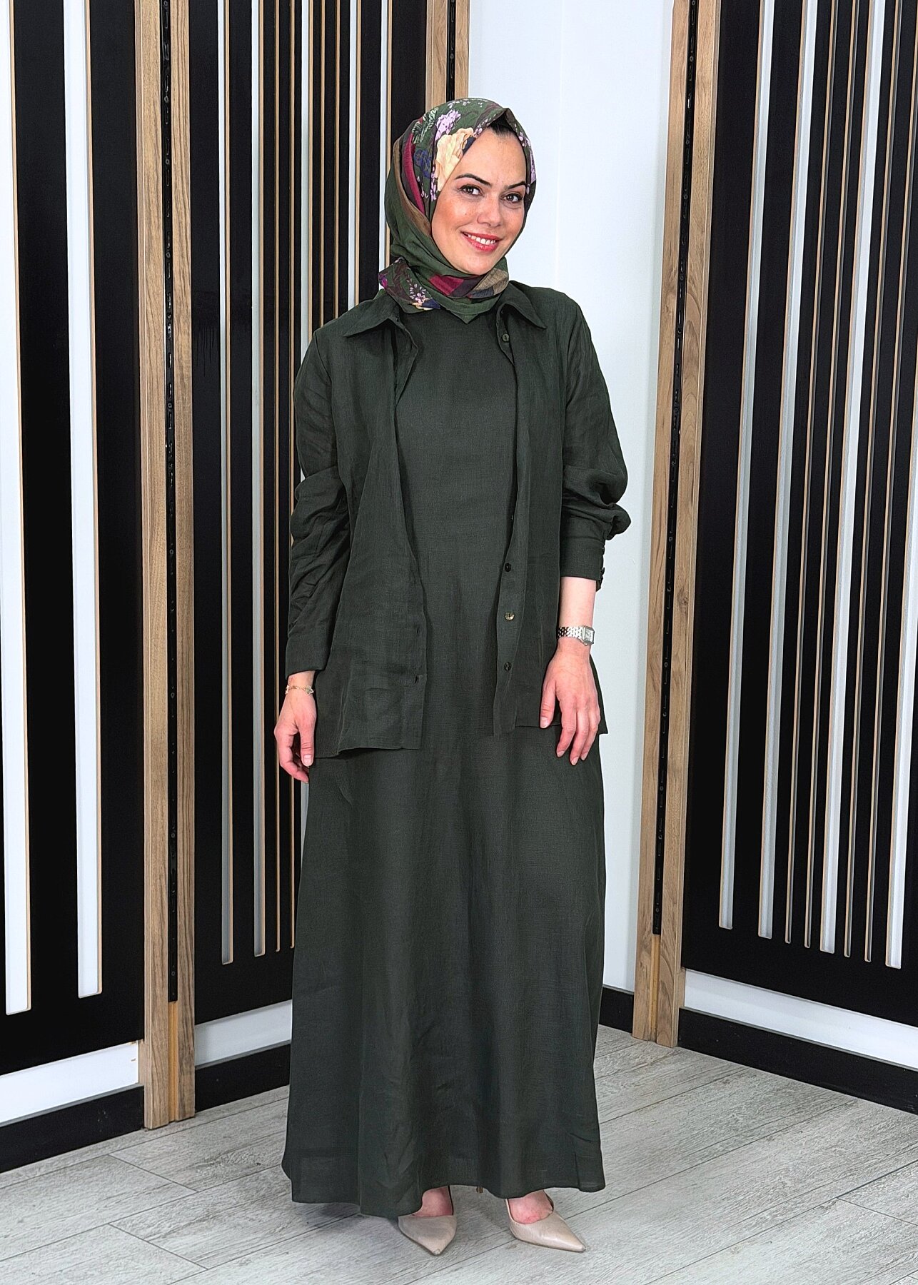 Miss Dalida Kolsuz Düz Renk Keten Elbise KHAKİ - 1