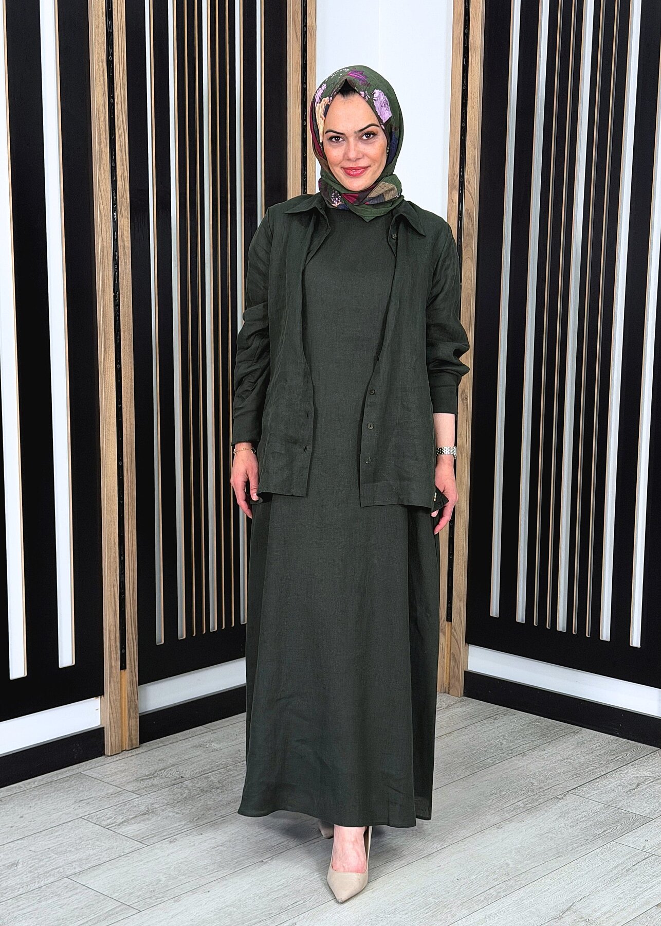 Miss Dalida Kolsuz Düz Renk Keten Elbise KHAKİ - 2