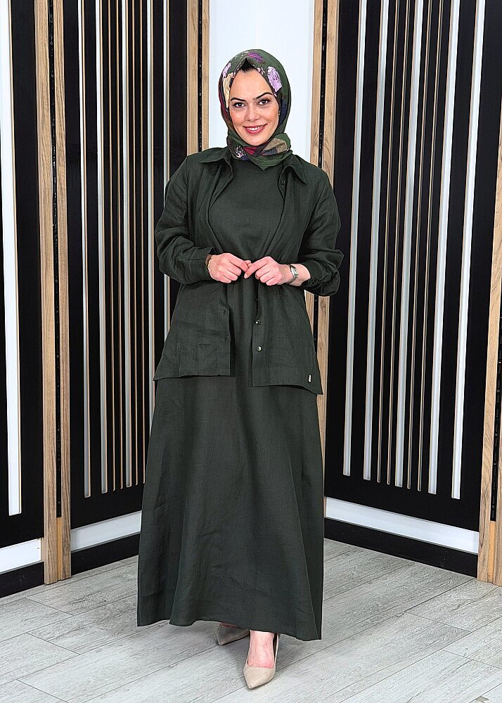 Miss Dalida Kolsuz Düz Renk Keten Elbise KHAKİ - 3
