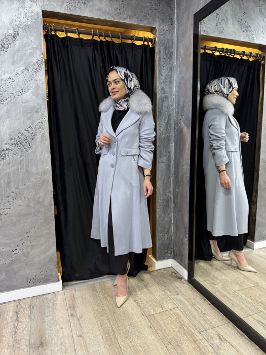 Miss Dalida Kürk Yaka Uzun Triko Manto BLUE - 5