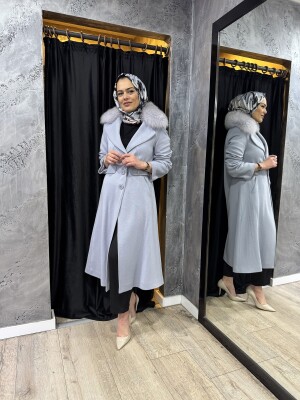 Miss Dalida Kürk Yaka Uzun Triko Manto BLUE
