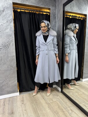 Miss Dalida Kürk Yaka Uzun Triko Manto BLUE - 3