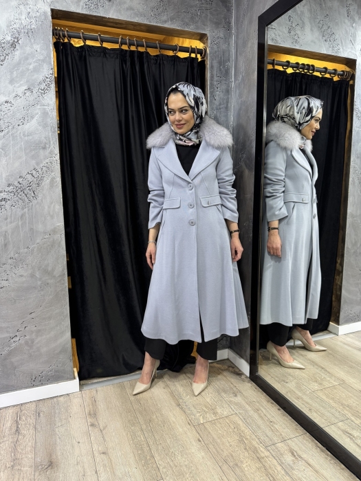 Miss Dalida Kürk Yaka Uzun Triko Manto BLUE - 3