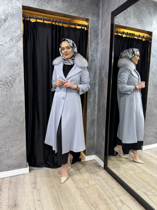 Miss Dalida Kürk Yaka Uzun Triko Manto BLUE - 6