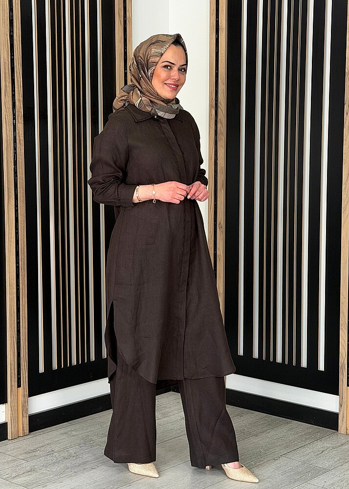 Miss Dalida Minimal Nakışlı Uzun Keten Gömlek Cacao