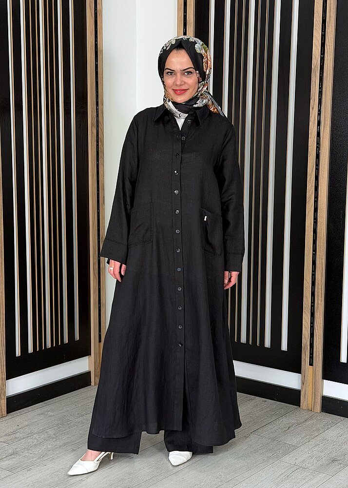 Miss Dalida Nakış Detaylı Düğmeli Uzun Kap BLACK - 3