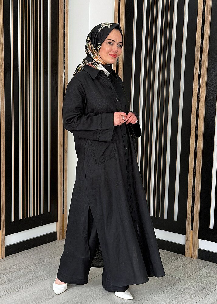 Miss Dalida Nakış Detaylı Düğmeli Uzun Kap BLACK - 2