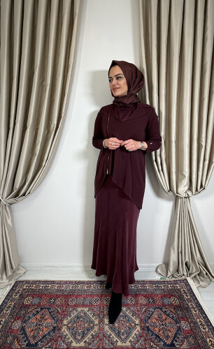 Miss Dalida Önden Fermuarlı Asimetrik Kesim Hırka Kolsuz Tunik Takım TOGA-BORDO - 2