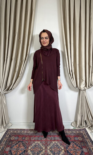 Miss Dalida Önden Fermuarlı Asimetrik Kesim Hırka Kolsuz Tunik Takım TOGA-BORDO - 3