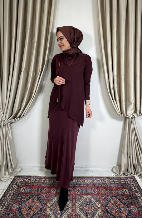 Miss Dalida Önden Fermuarlı Asimetrik Kesim Hırka Kolsuz Tunik Takım TOGA-BORDO - 4