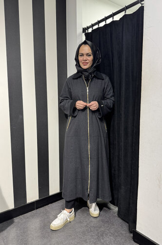 Miss Dalida Önden Fermuarlı Uzun Denim Kap BLACK