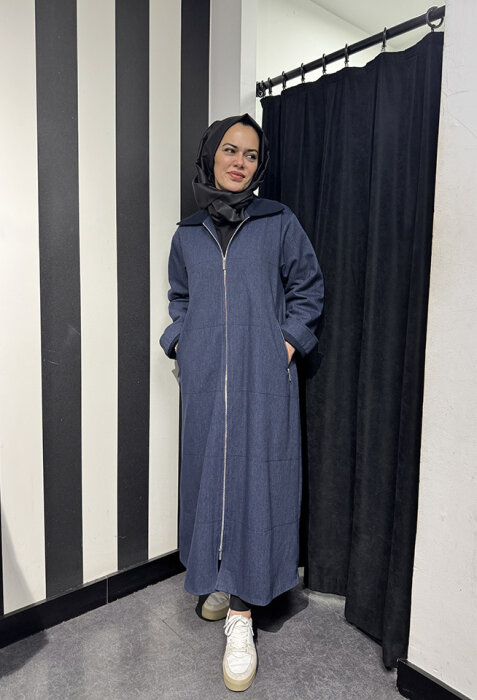 Miss Dalida Önden Fermuarlı Uzun Denim Kap Oası-Dark Navy - 2