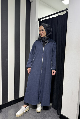 Miss Dalida Önden Fermuarlı Uzun Denim Kap Oası-Dark Navy - 3