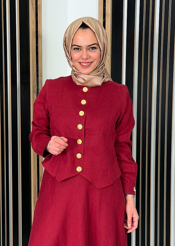 Miss Dalida Önü Düğmeli Kısa Keten Ceket Cherry - 2