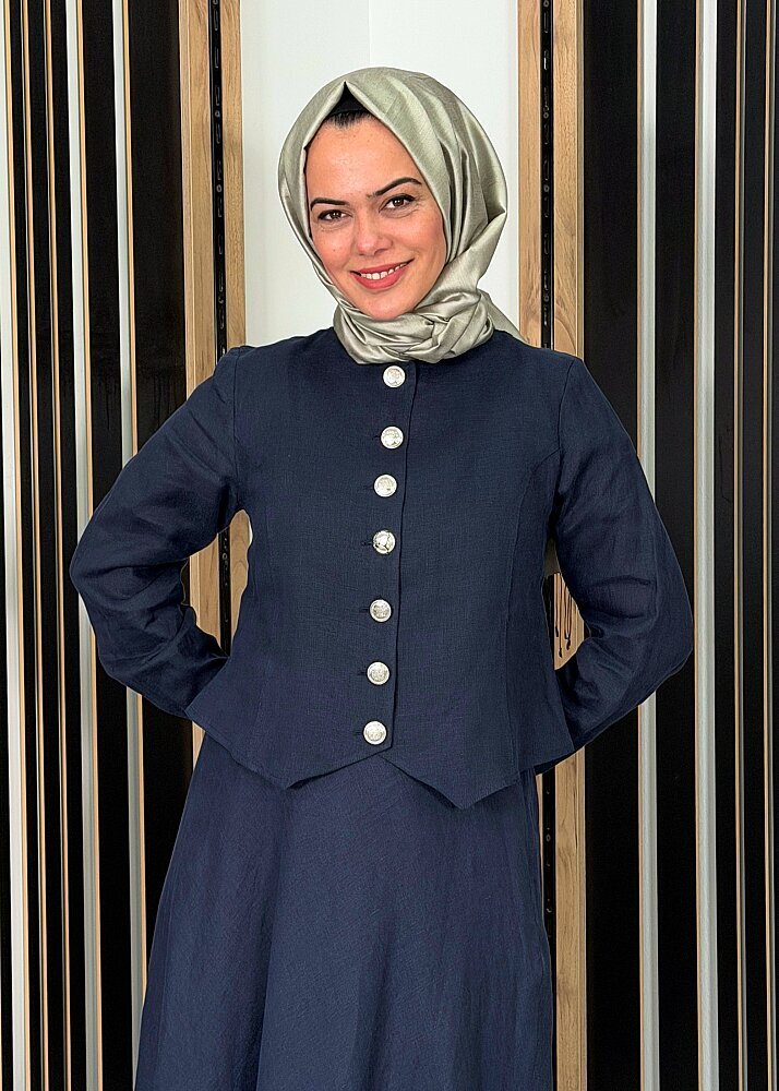 Miss Dalida Önü Düğmeli Kısa Keten Ceket Dark Navy (1)