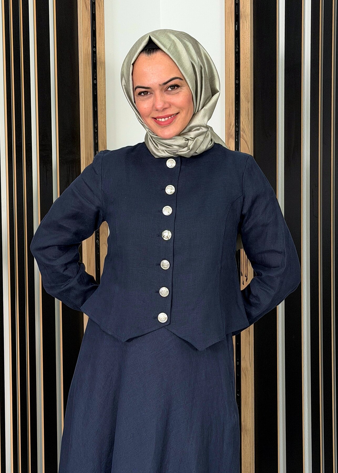 Miss Dalida Önü Düğmeli Kısa Keten Ceket Dark Navy - 2