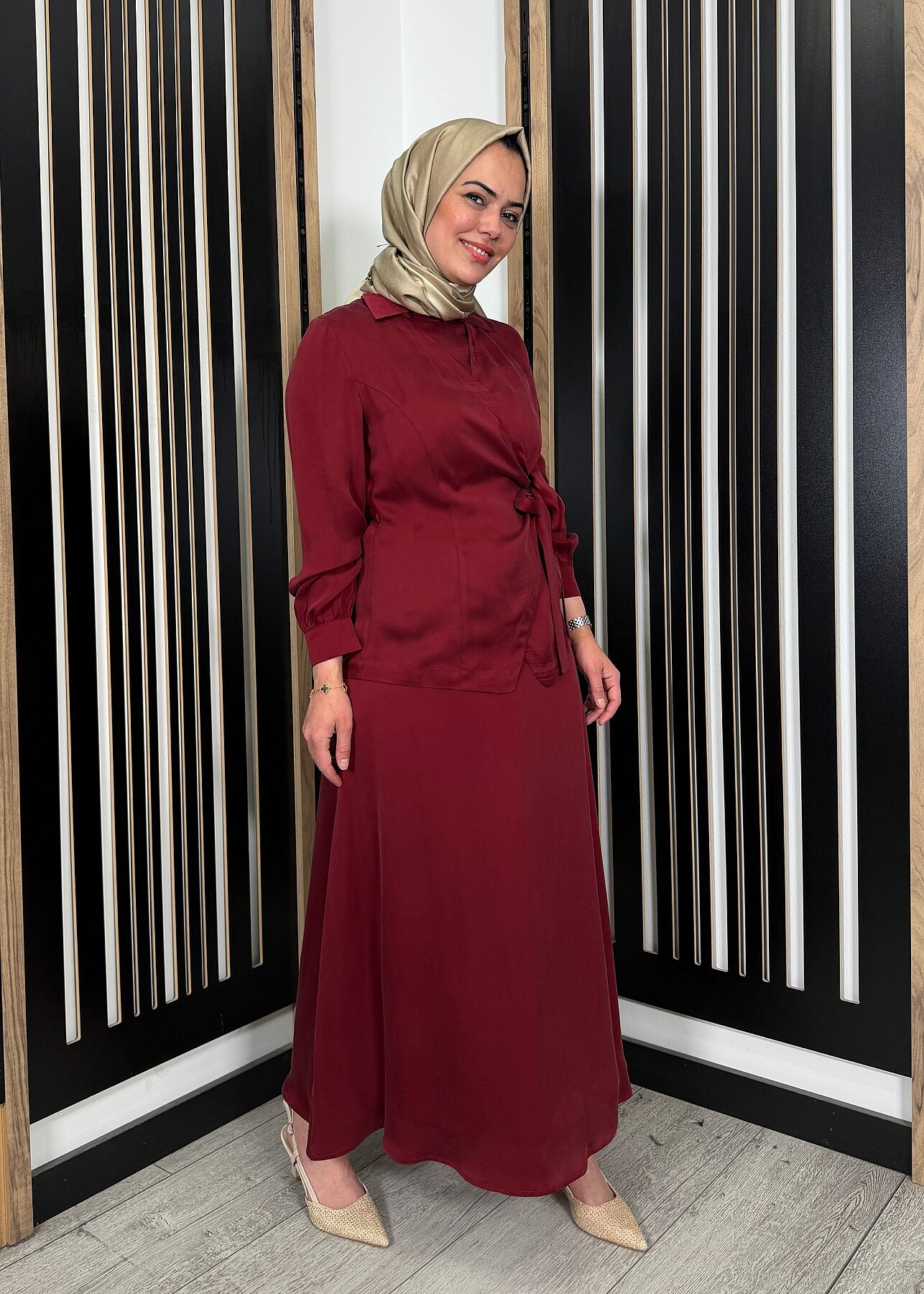 Miss Dalida Rahat Kesim Düz Renk Kumaş Etek Cherry - 2