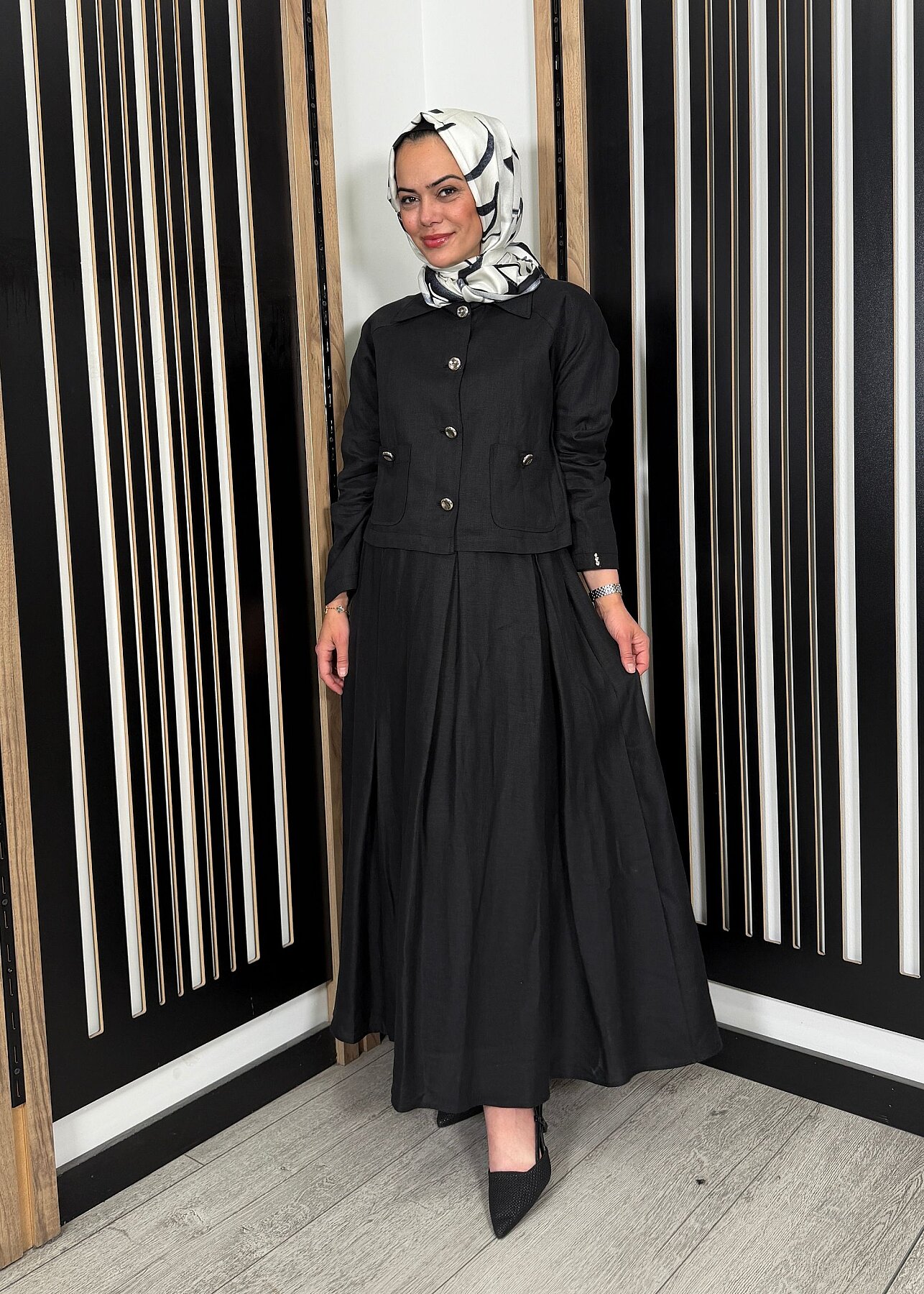 Miss Dalida Triko Korsajlı Rahat Kesim Keten Etek BLACK - 2