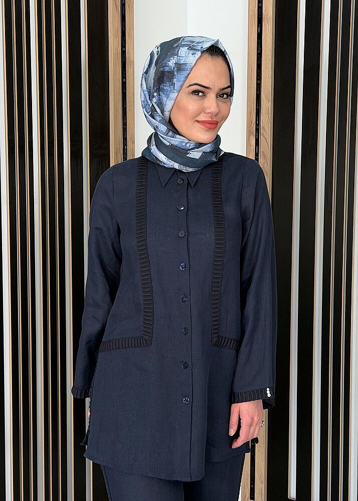 Miss Dalida Triko Tiktaklı Keten Gömlek Dark Navy 