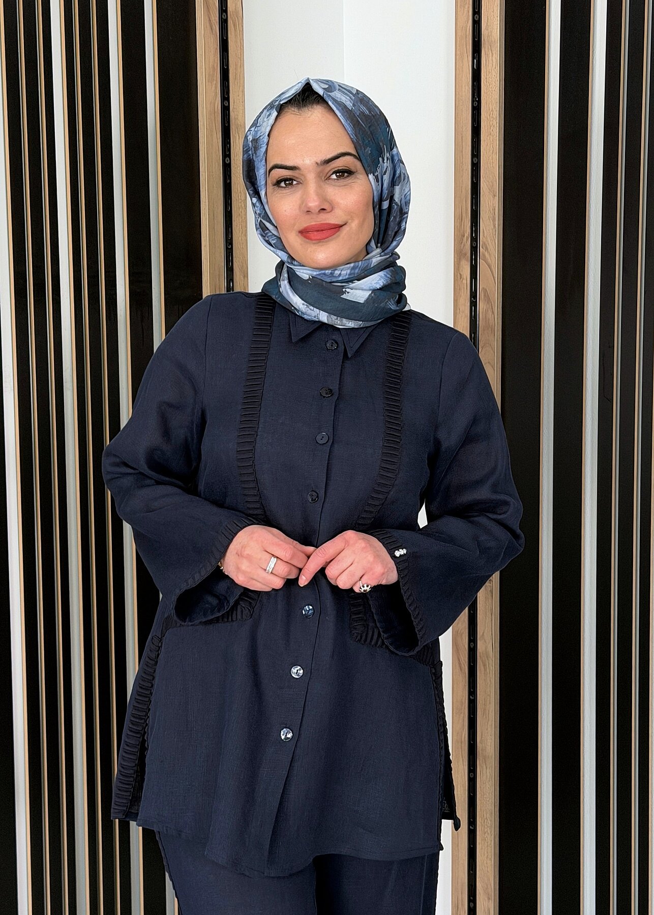 Miss Dalida Triko Tiktaklı Keten Gömlek Dark Navy - 2