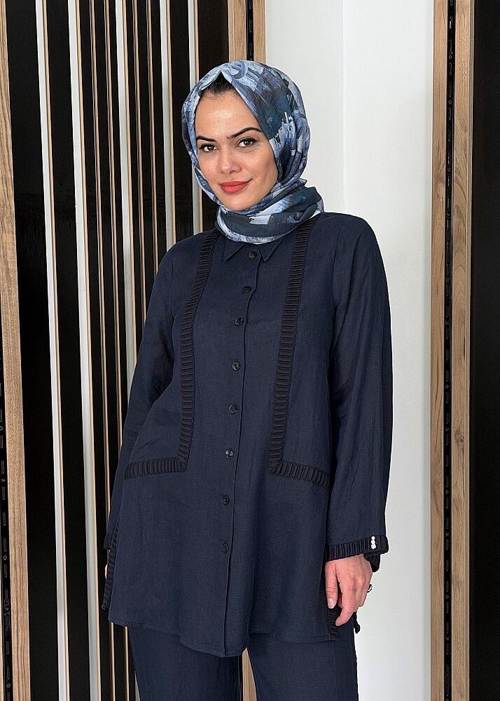 Miss Dalida Triko Tiktaklı Keten Gömlek Dark Navy - 3