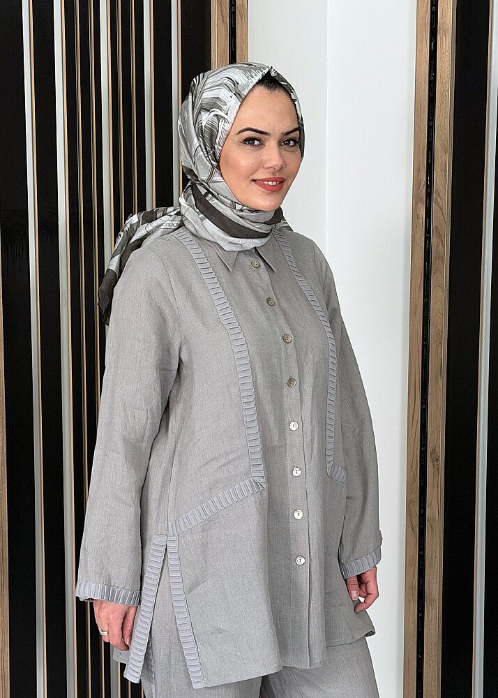 Miss Dalida Triko Tiktaklı Keten Gömlek GREY - 3