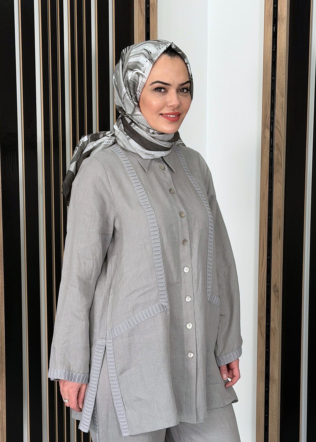 Miss Dalida Triko Tiktaklı Keten Gömlek GREY - 3