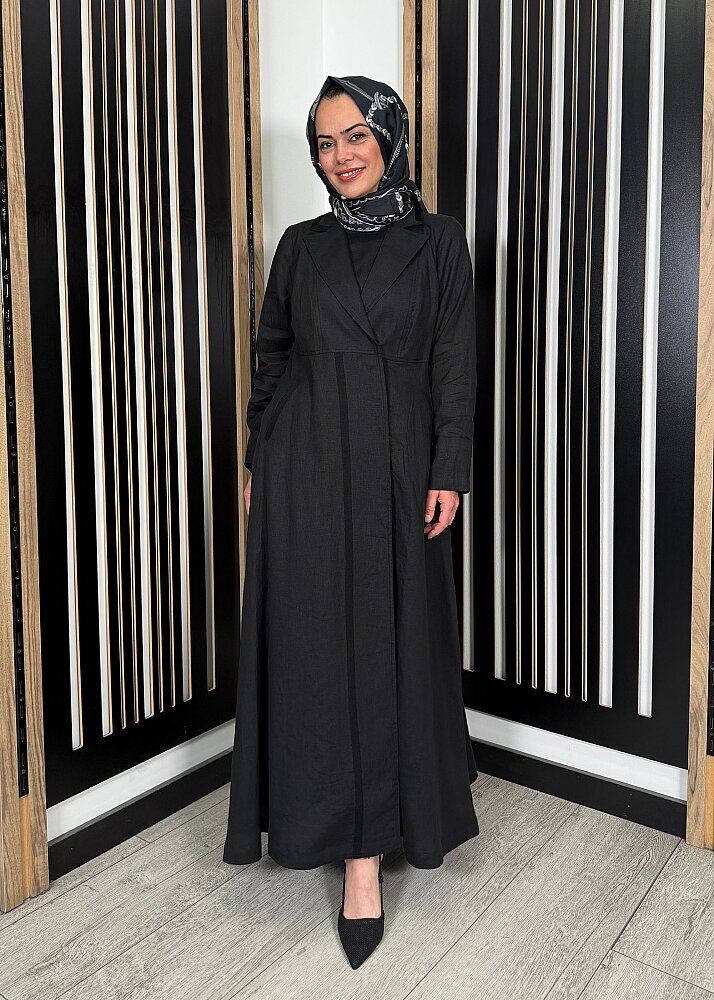 Miss Dalida Triko Tiktaklı Uzun Keten Ceket BLACK