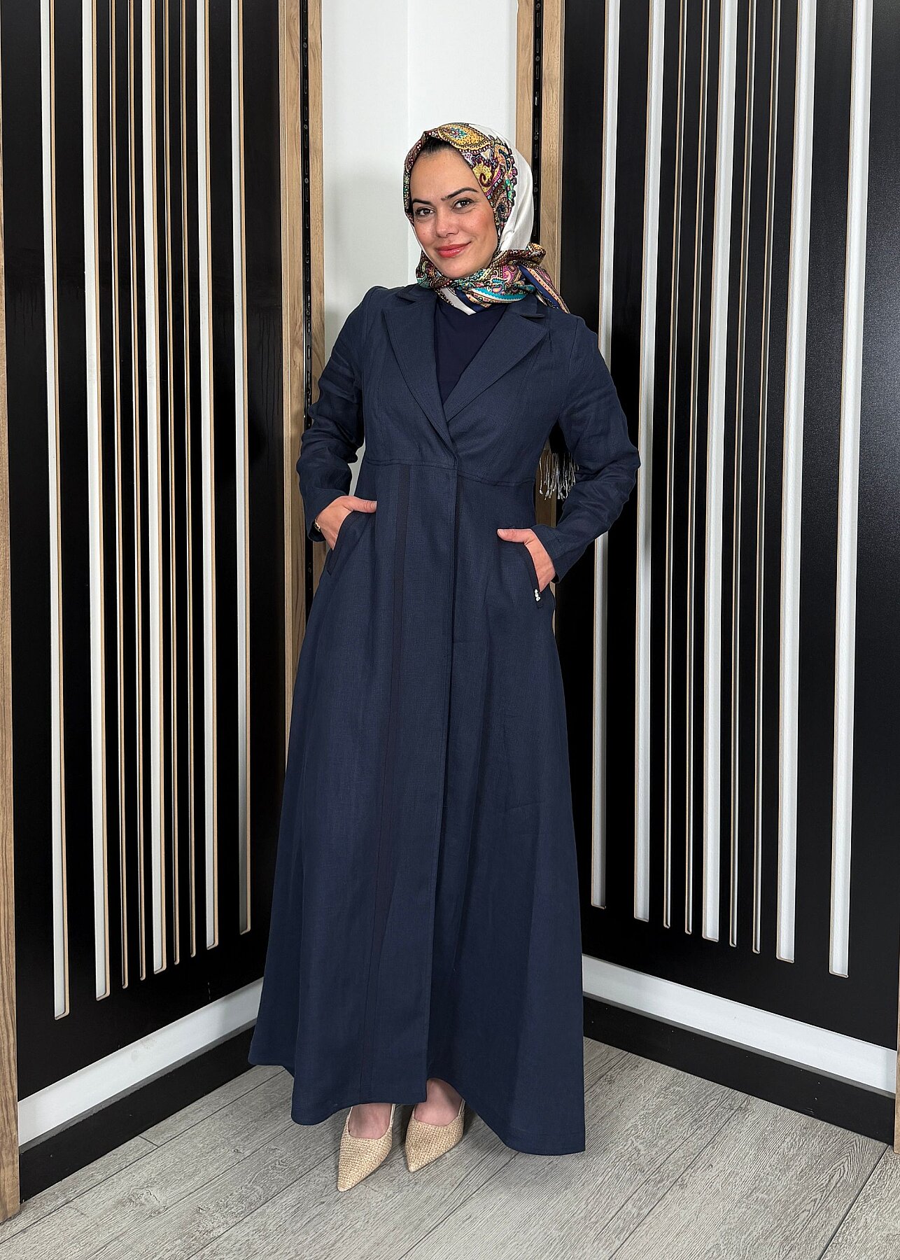 Miss Dalida Triko Tiktaklı Uzun Keten Ceket Dark Navy - 1