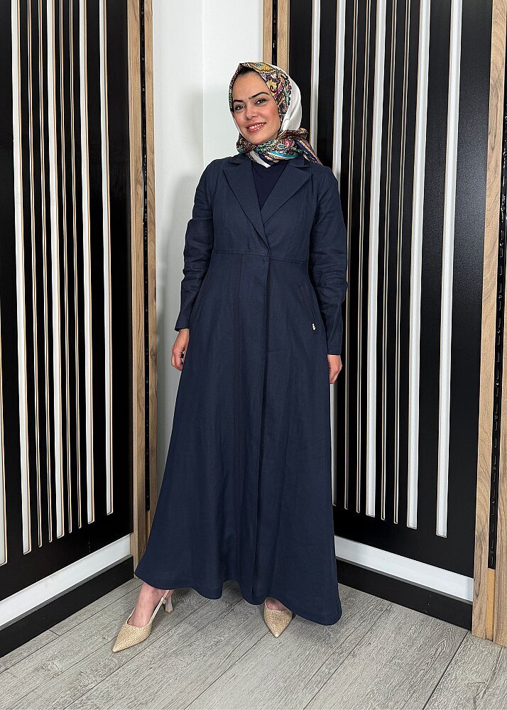 Miss Dalida Triko Tiktaklı Uzun Keten Ceket Dark Navy - 2