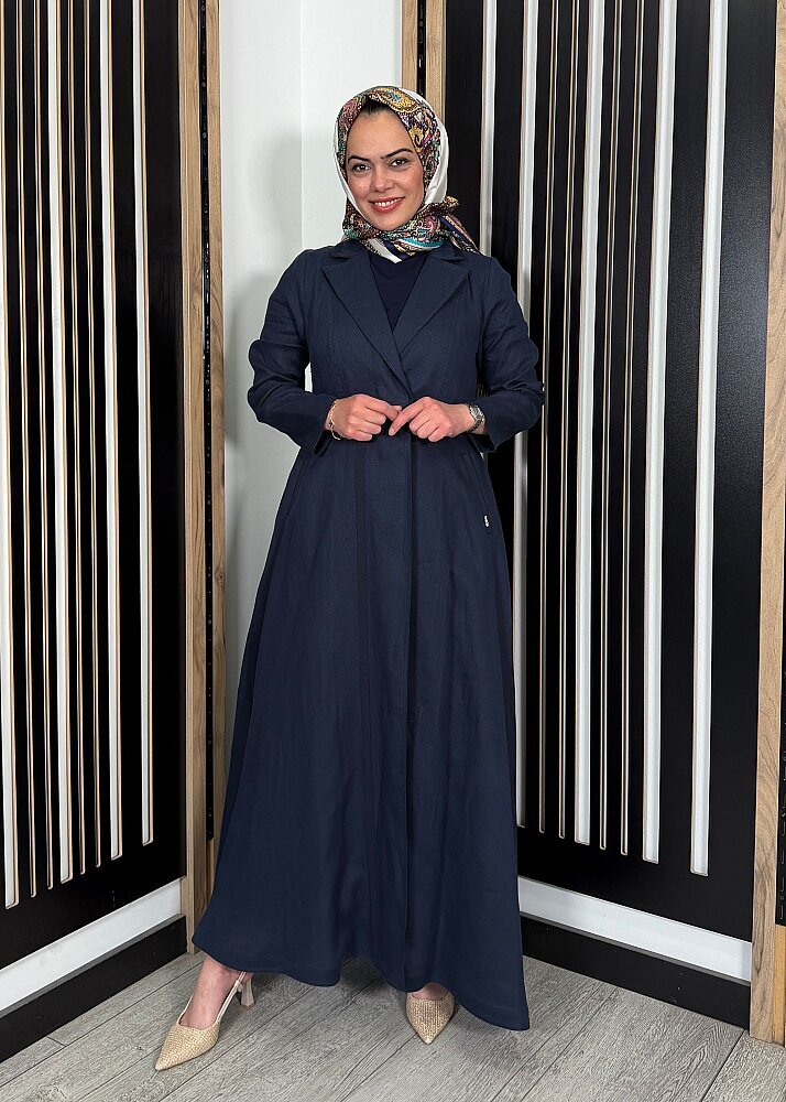 Miss Dalida Triko Tiktaklı Uzun Keten Ceket Dark Navy - 3