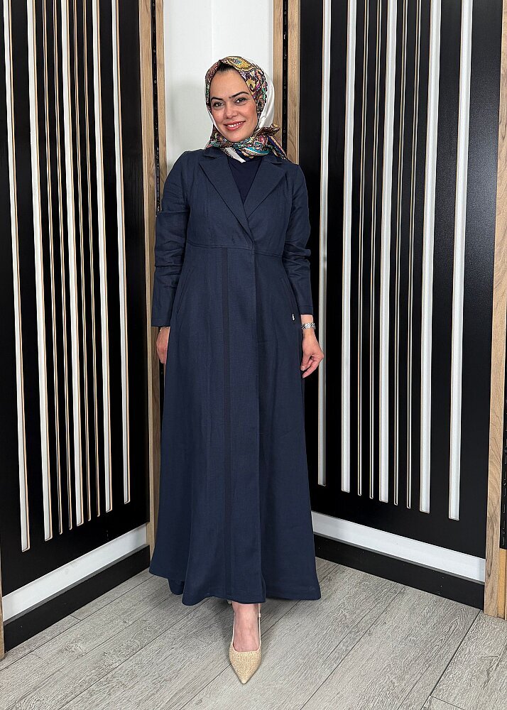 Miss Dalida Triko Tiktaklı Uzun Keten Ceket Dark Navy - 4