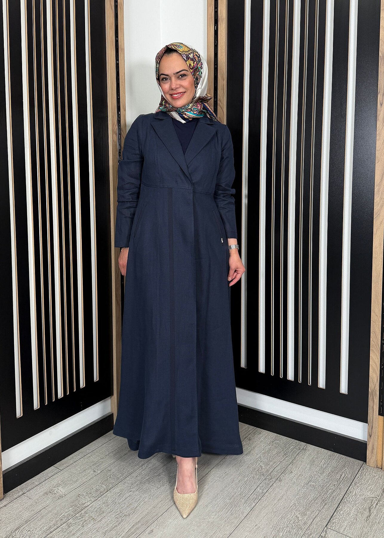 Miss Dalida Triko Tiktaklı Uzun Keten Ceket Dark Navy - 4
