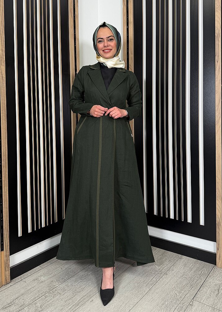 Miss Dalida Triko Tiktaklı Uzun Keten Ceket KHAKİ - 3