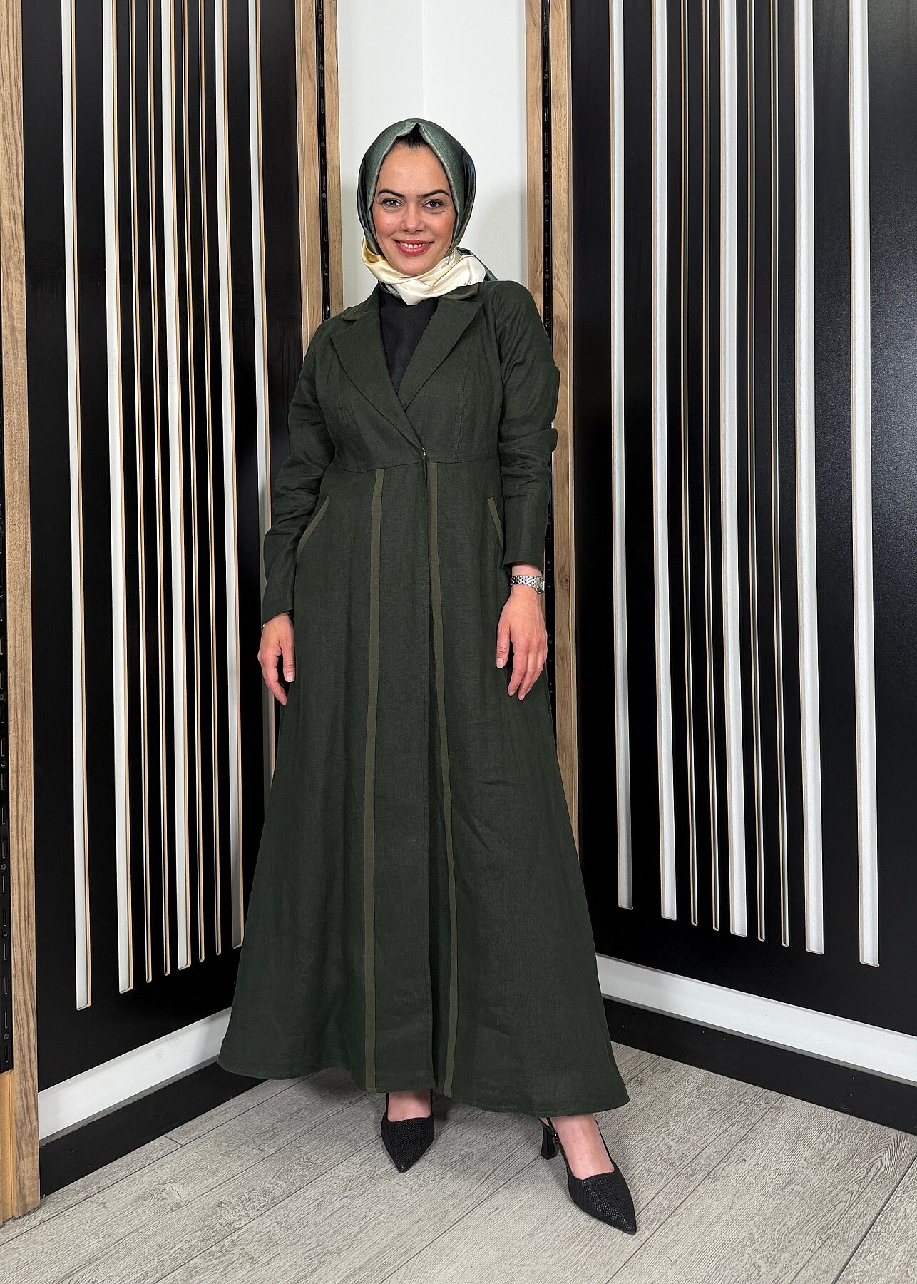 Miss Dalida Triko Tiktaklı Uzun Keten Ceket KHAKİ - 2