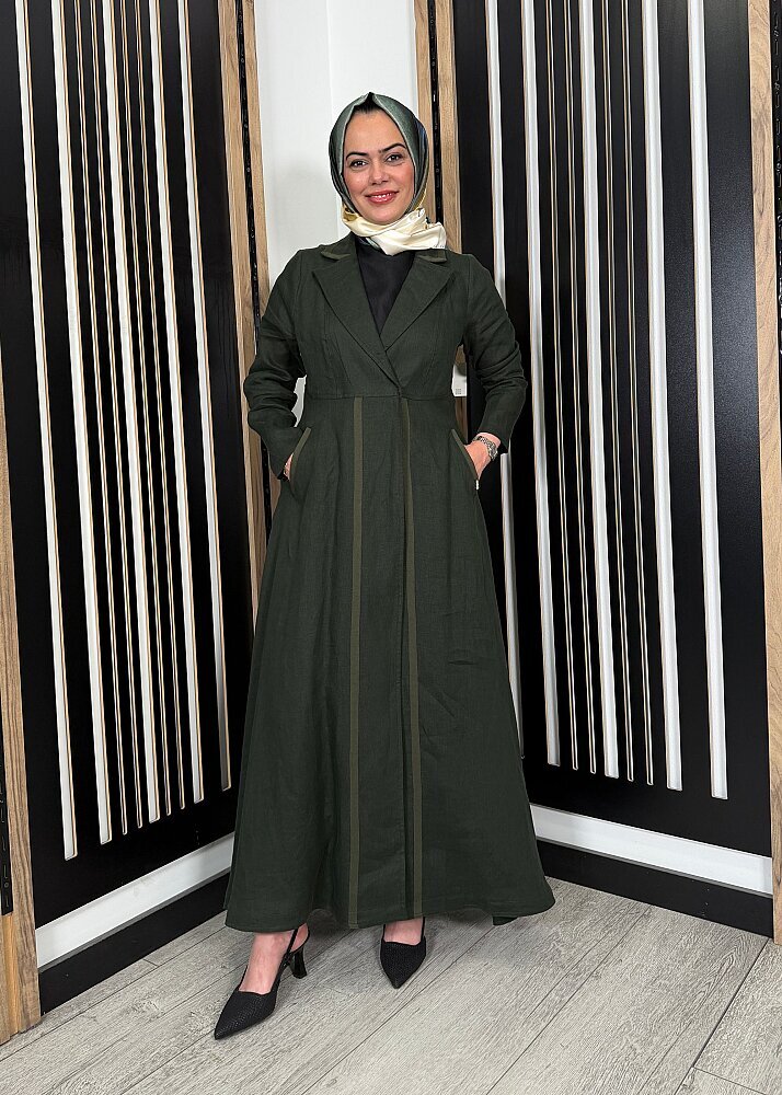 Miss Dalida Triko Tiktaklı Uzun Keten Ceket KHAKİ