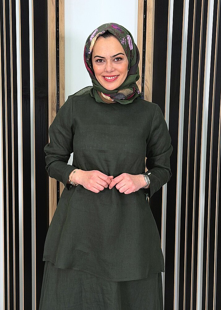 Miss Dalida Uzun Kollu Düz Renk Keten Tunik KHAKİ (1)