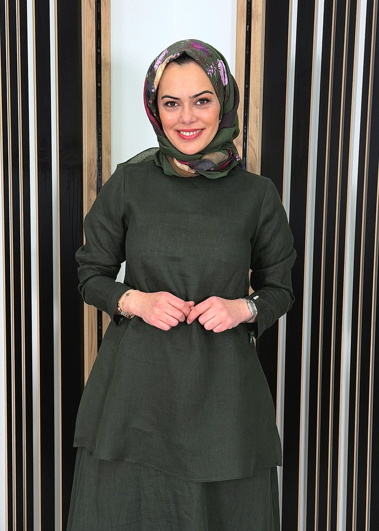 Miss Dalida Uzun Kollu Düz Renk Keten Tunik KHAKİ - 2