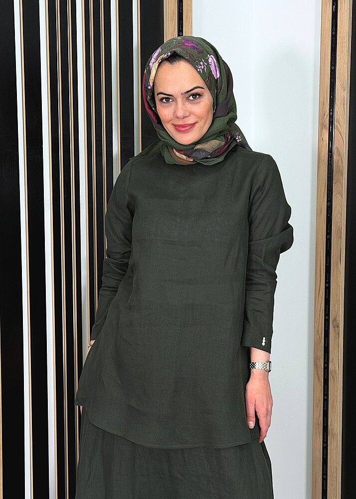 Miss Dalida Uzun Kollu Düz Renk Keten Tunik KHAKİ