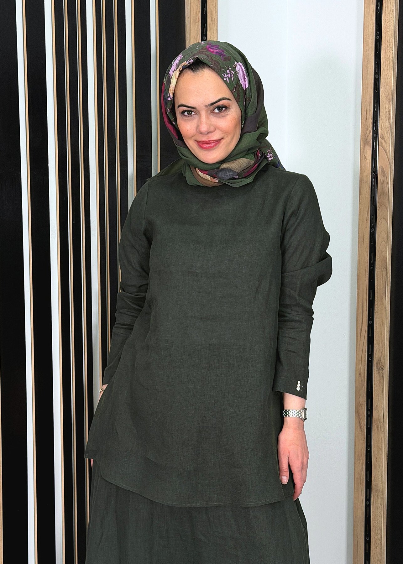 Miss Dalida Uzun Kollu Düz Renk Keten Tunik KHAKİ - 1