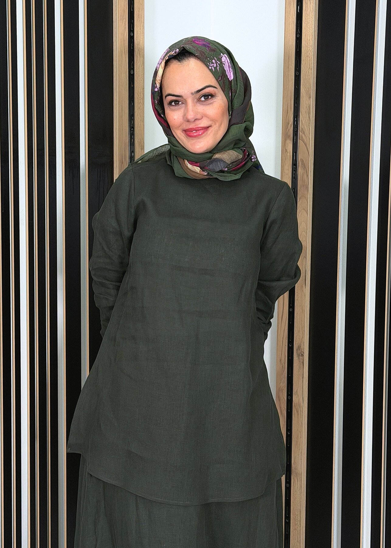 Miss Dalida Uzun Kollu Düz Renk Keten Tunik KHAKİ - 3