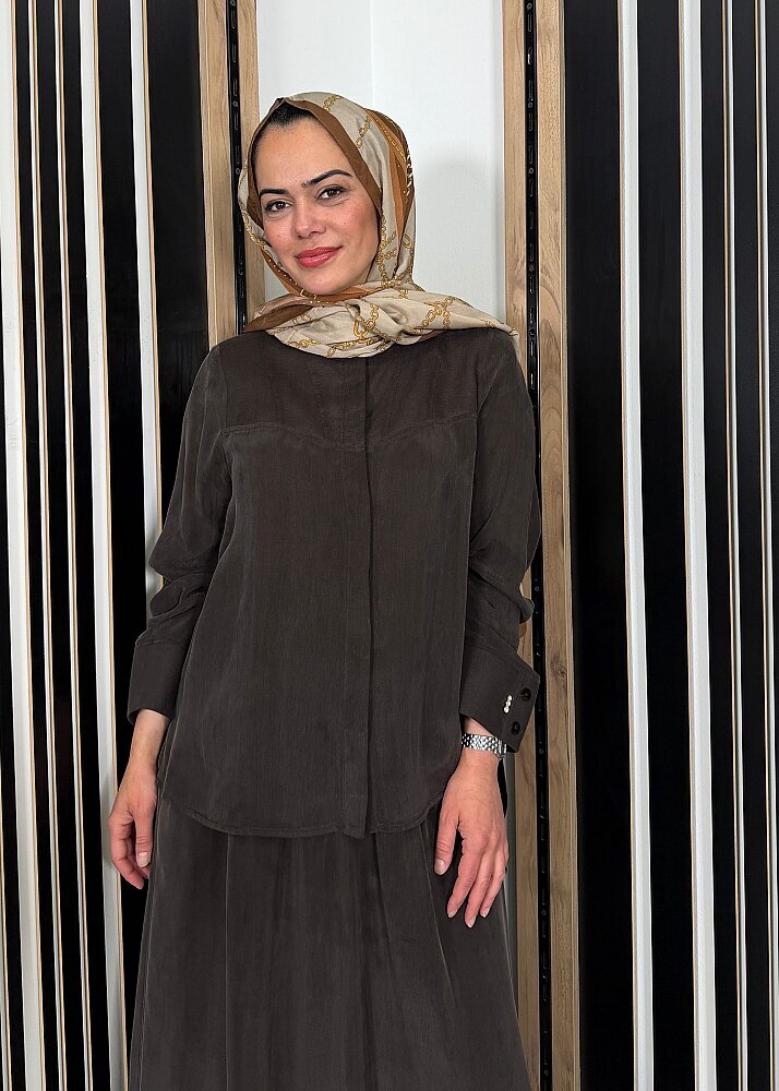 Miss Dalida Uzun Yollu Yakasız Cupra Keten Gömlek Cacao