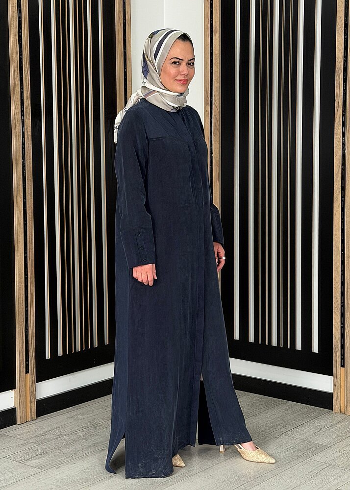 Miss Dalida Yakasız Yırtmaç Detaylı Keten Ceket Dark Navy - 3