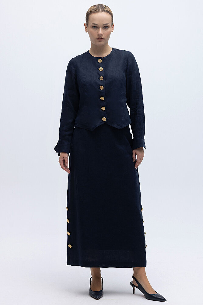Miss Dalida Yanları Düğmeli Düz Renk Keten Etek Dark Navy
