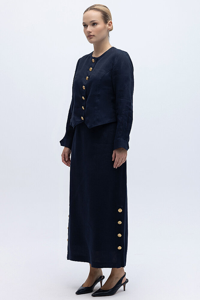 Miss Dalida Yanları Düğmeli Düz Renk Keten Etek Dark Navy - 2
