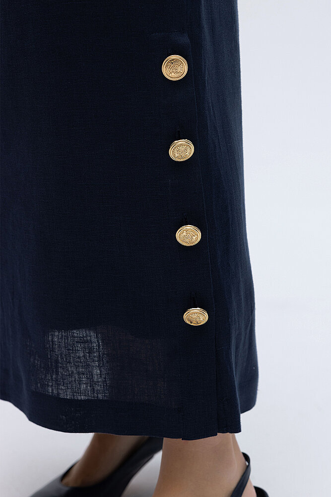 Miss Dalida Yanları Düğmeli Düz Renk Keten Etek Dark Navy - 3