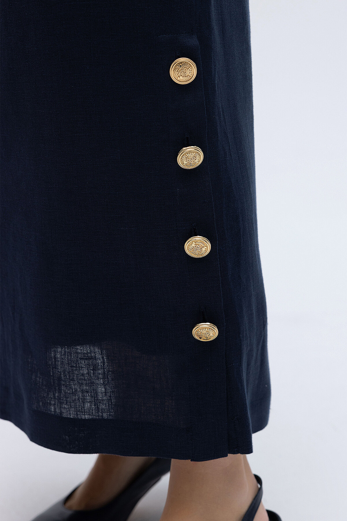 Miss Dalida Yanları Düğmeli Düz Renk Keten Etek Dark Navy - 3