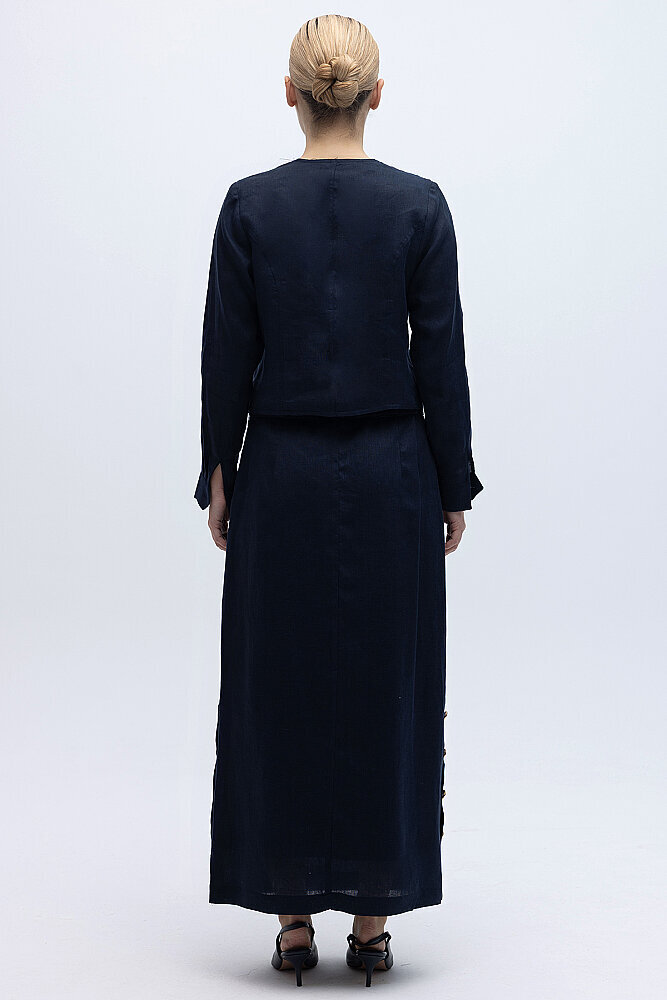 Miss Dalida Yanları Düğmeli Düz Renk Keten Etek Dark Navy - 4