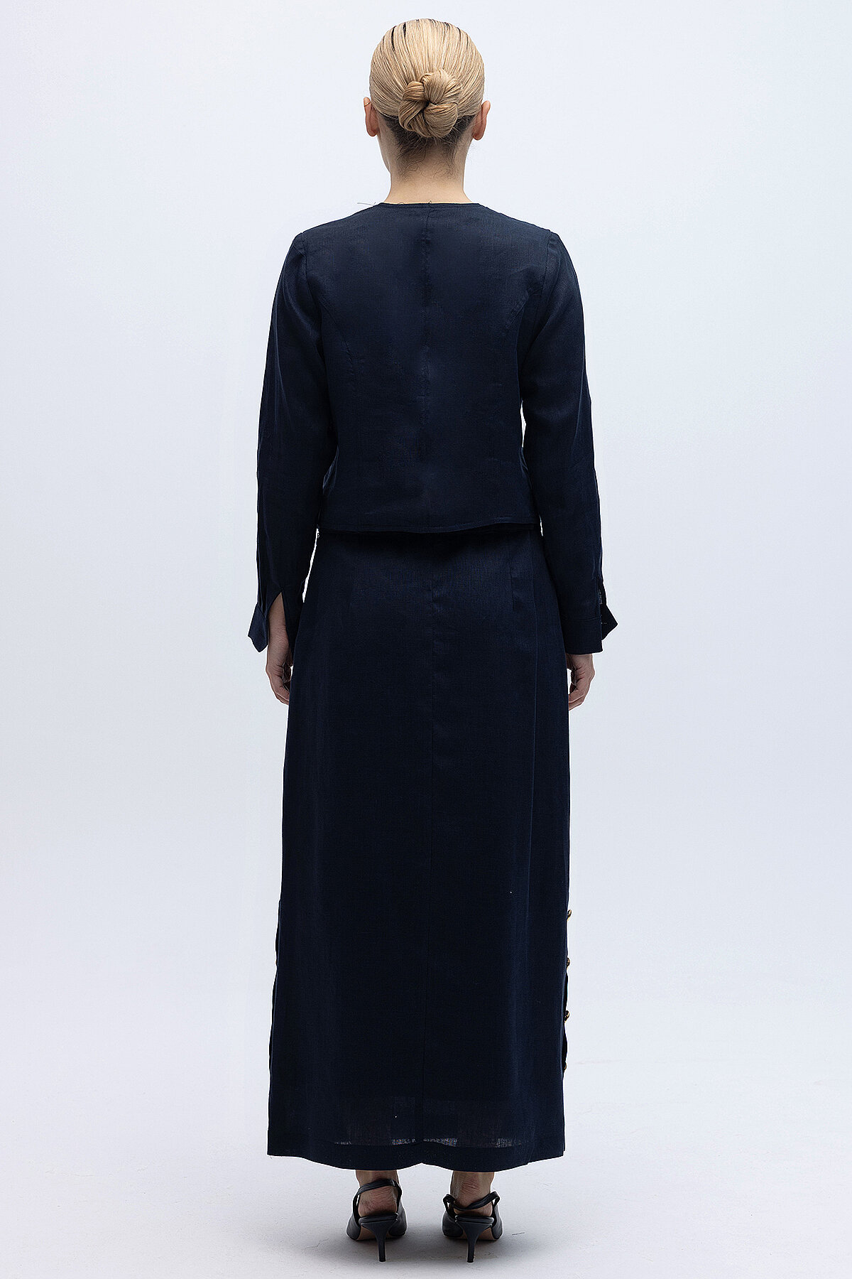 Miss Dalida Yanları Düğmeli Düz Renk Keten Etek Dark Navy - 4